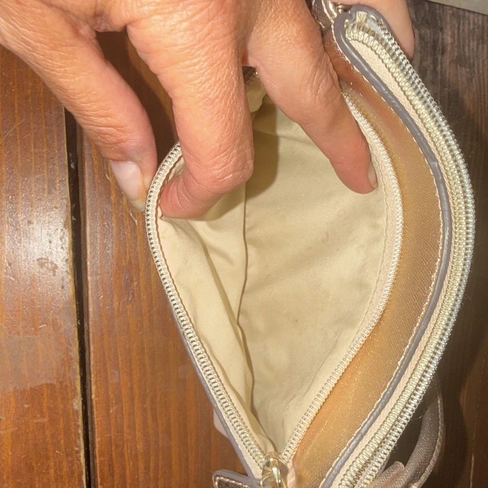 New York & Company Beige/Gold Metallic Wristlet Zip Clutch, Inner Pockets